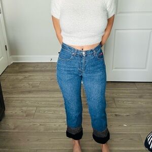 Stylish Blue Cropped Jeans with Black Cuffs